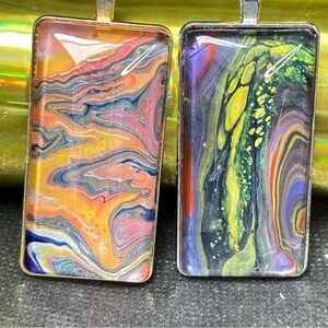 Fluid Art, Acrylic Hand Paint Pendants, Abstract, Glass cabochon 2 In Set 1876